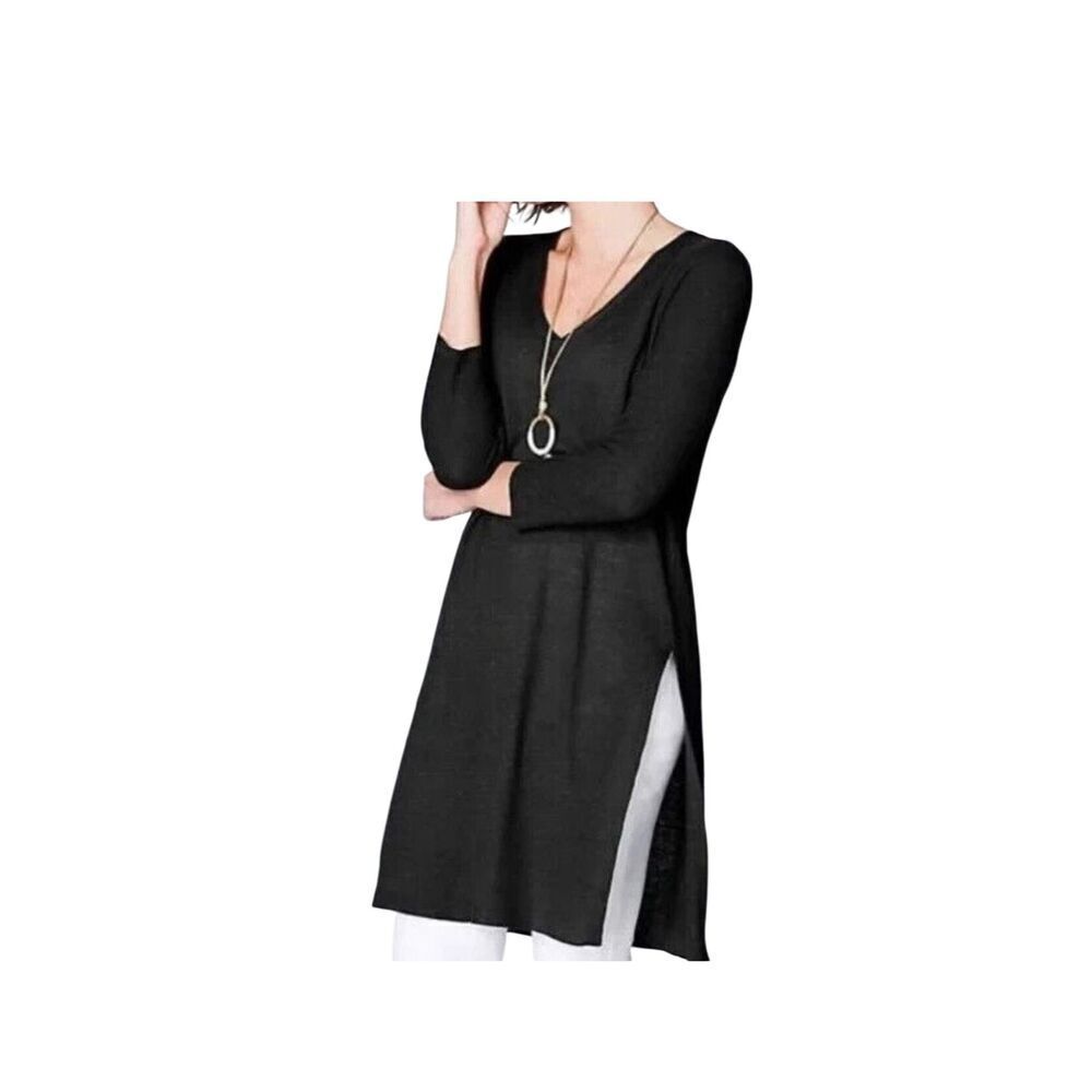 J. Jill Black Semi Sheer Linen Blend Three Quarter Sleeve Side Slit Tunic Top M